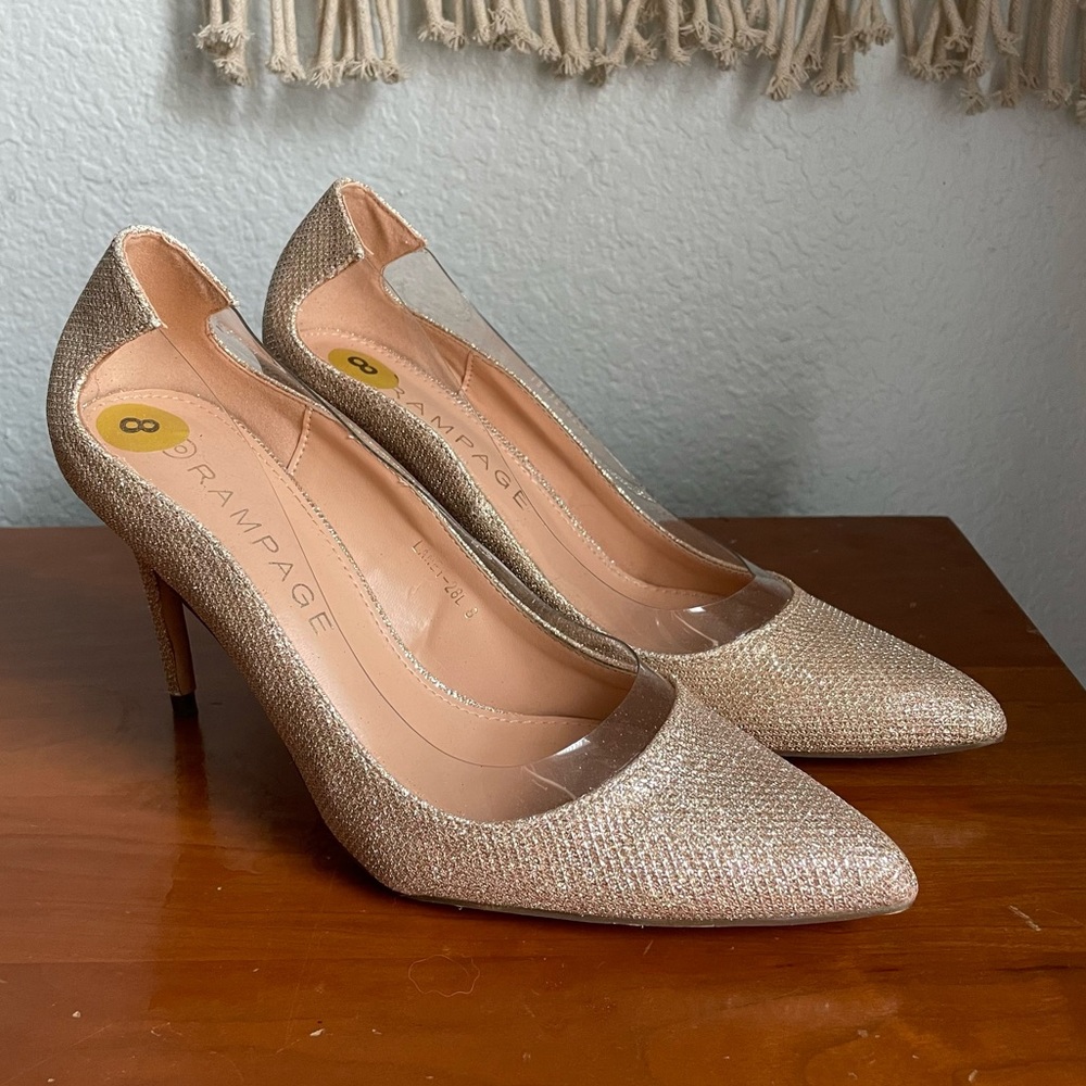 New Rampage Pumps Gold Glitter Clear Vinyl Cutout Pointed Toe Stiletto Heels 8